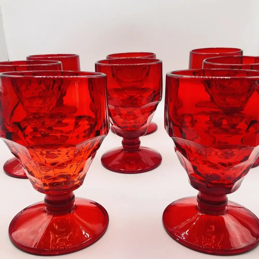 8 Vtg Ruby Red Octagonal Glass Goblets MCM Diamond Geometric Glasses 5